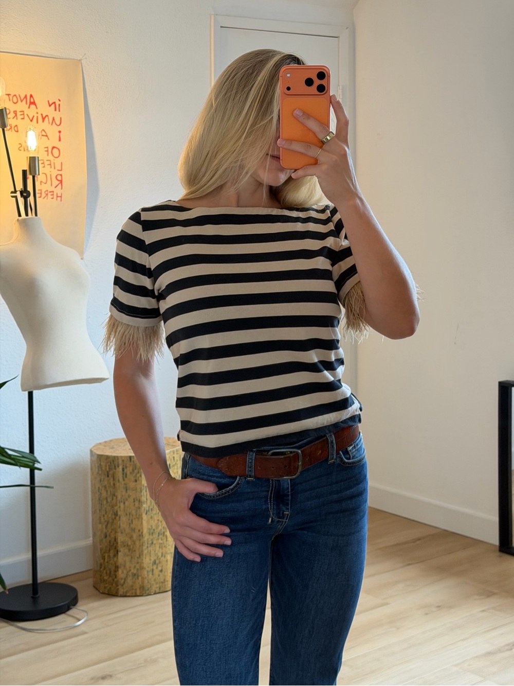 J.Crew Black Beige Striped Detachable Feather Cuff Top XS